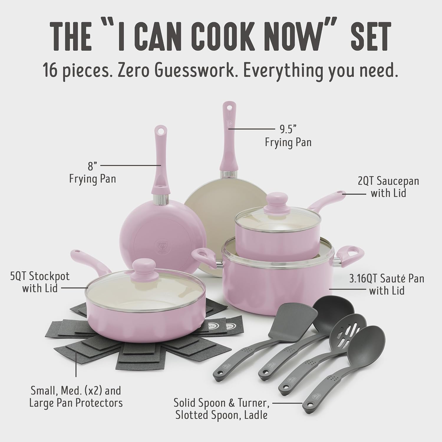 GreenLife 16pc Ceramic Nonstick Pots & Pans Cookware Set, Blush Pink