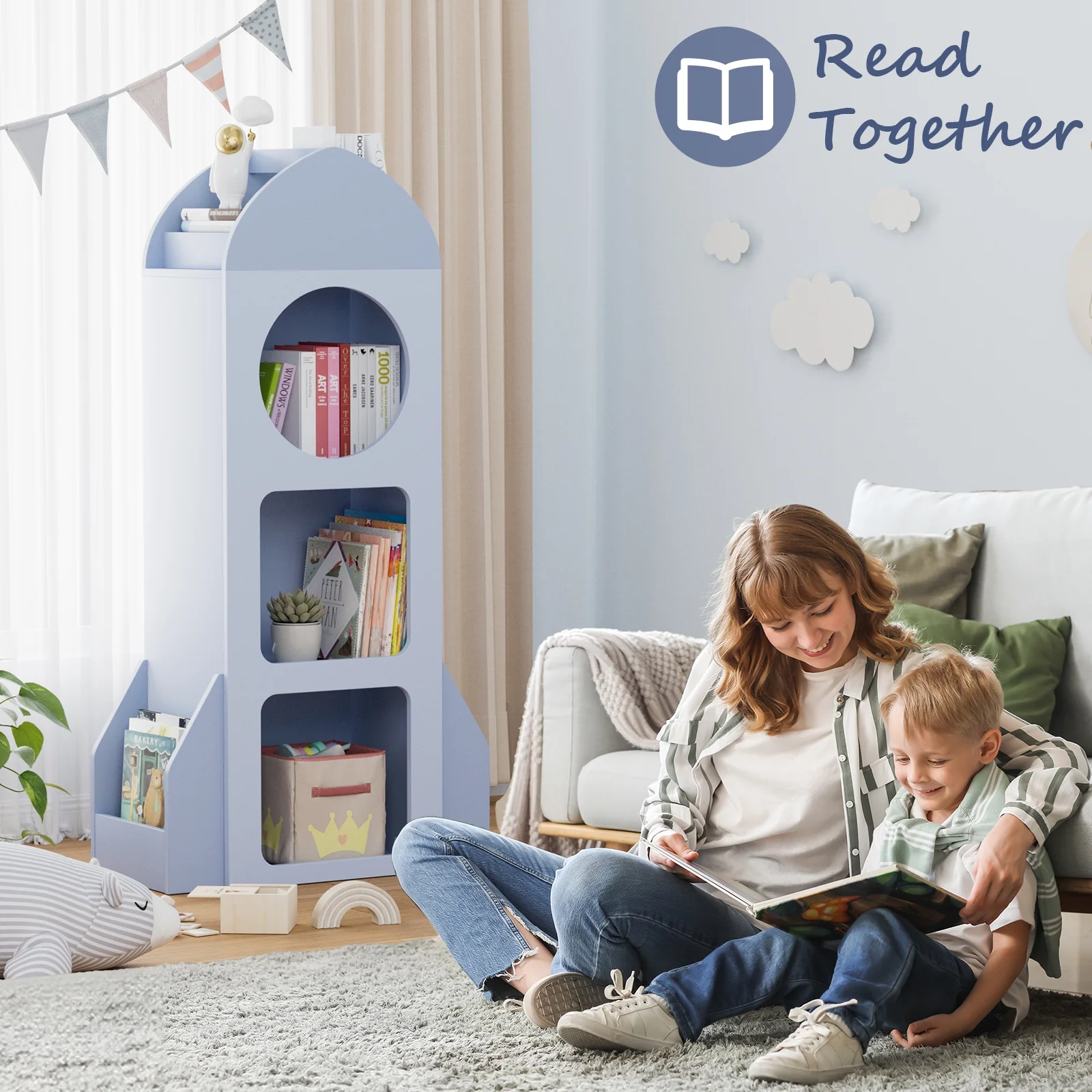 Kids Bookshelf 3-Tier Wooden Kids Bookcase with Toy Storage for Bedroom, Playroom, Nursery, Blue(Blue) - Image 7