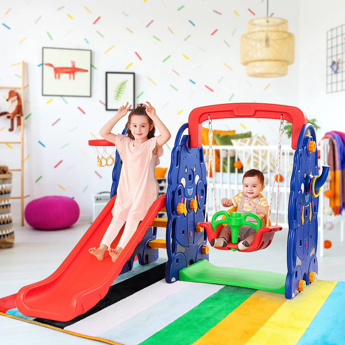 3 in 1 Junior Children Climber Slide Swing Seat Basketball Hoop Playset Backyard - Image 3