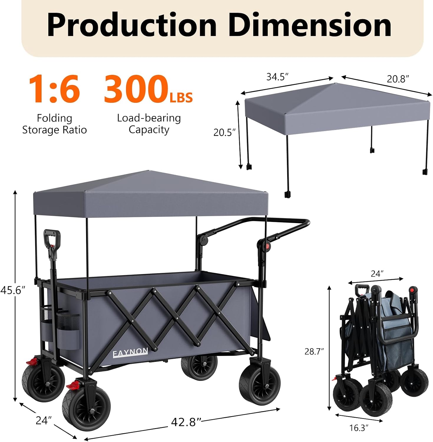 3 in 1 Collapsible Wagon with 300lbs Weight Capacity, 150L Heavy Duty Utility Cart with Removable Canopy, with Large All-Terrain Beach Wheels & Drink Holders, Gray
