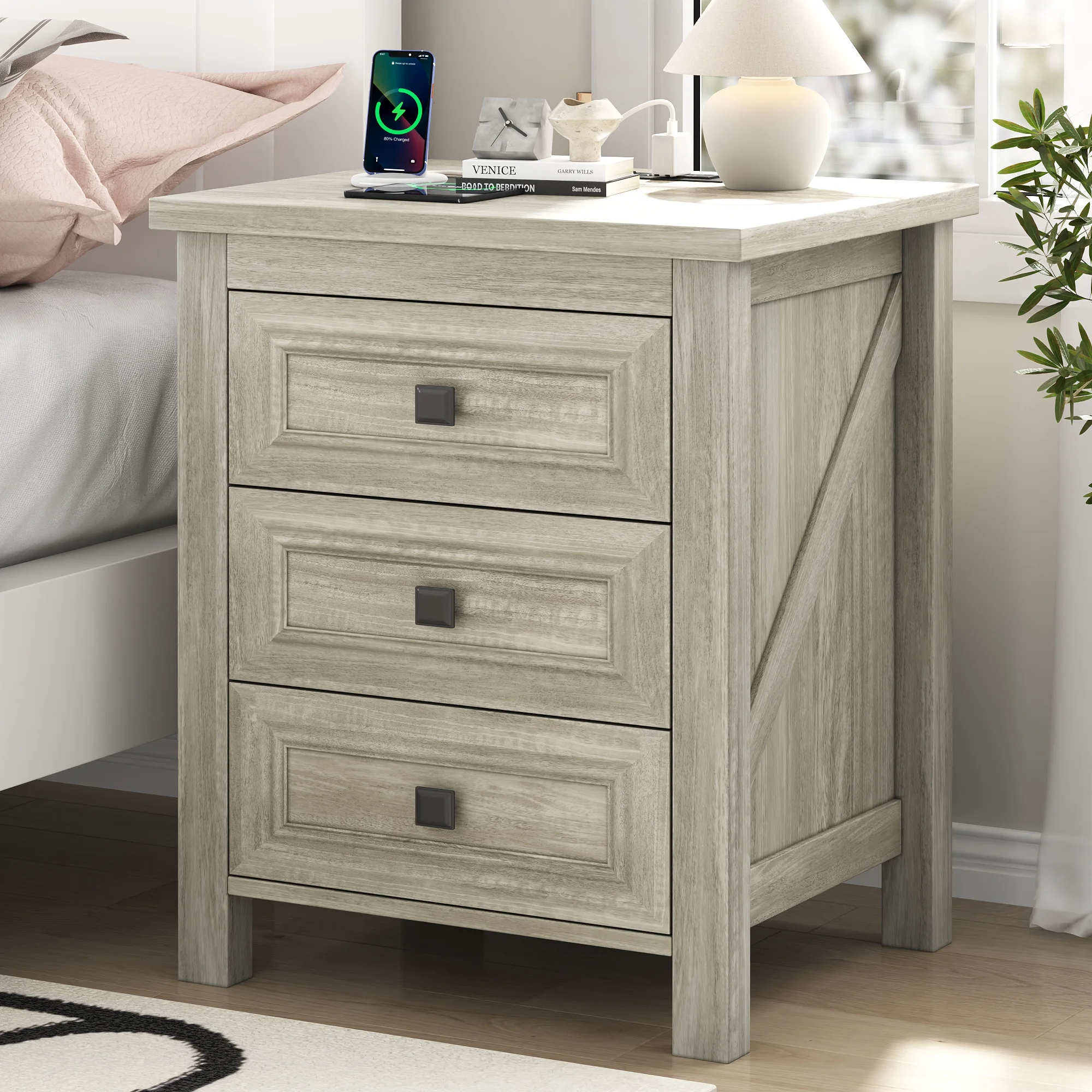 Nightstand, Bedside Table with Charging Station, Farmhouse 3 Drawer Nightstand Rustic Night Stand End Tables for Bedroom Living Room,Gray(Gray-1PCS) - Image 2