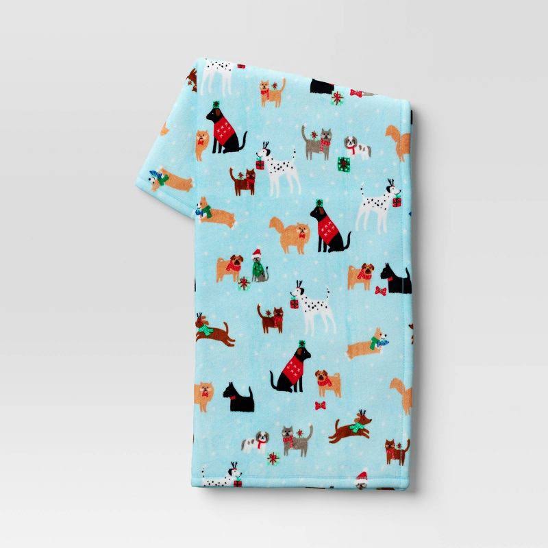 Dog and Cat Holiday Plush Christmas Throw Blanket Blue - Wondershop