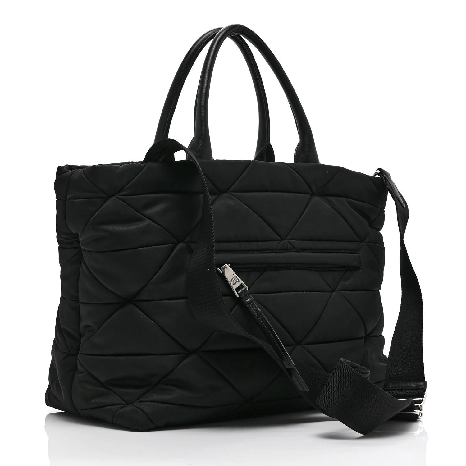Re-Nylon Nappa Triangle Quilted Padded Medium Double Handled Zip Tote Black