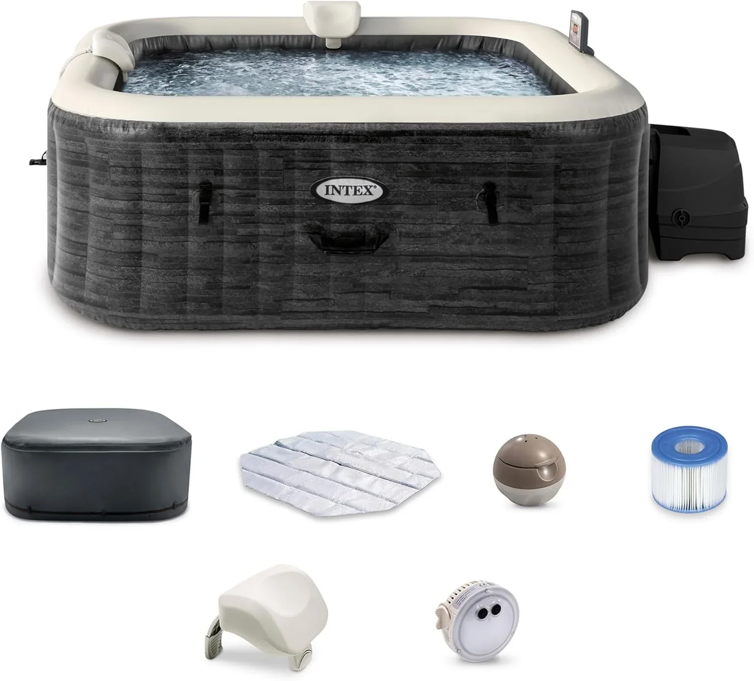 INTEX PureSpa Greystone Deluxe 4 Person Square Inflatable Hot Tub, Bubble Massage Spa