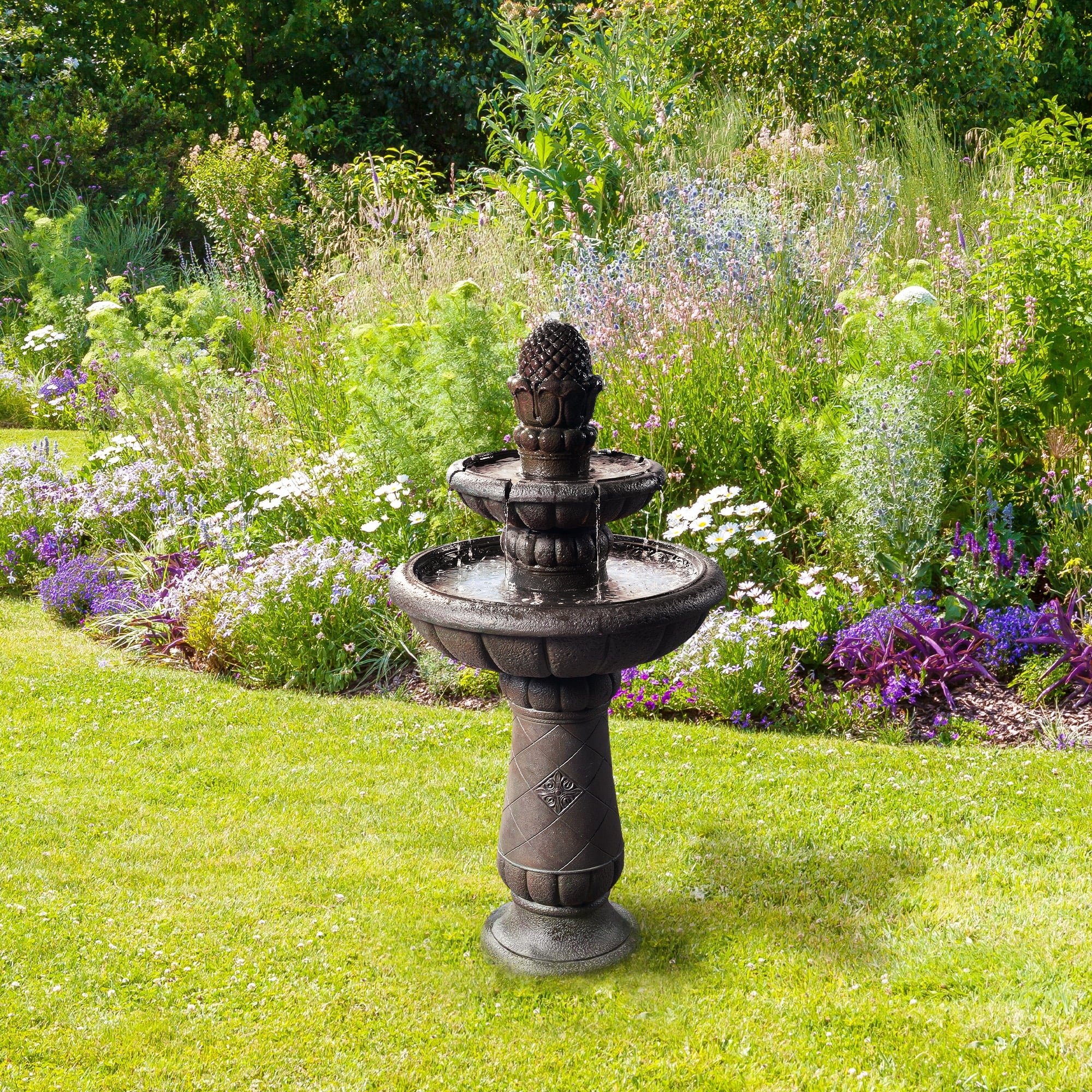 Teamson Home 2-Tier Birdbath Water Fountain Outdoor Garden–Shallow Basin with Built-In Electric Pump & Simple Setup, Carbon Gray