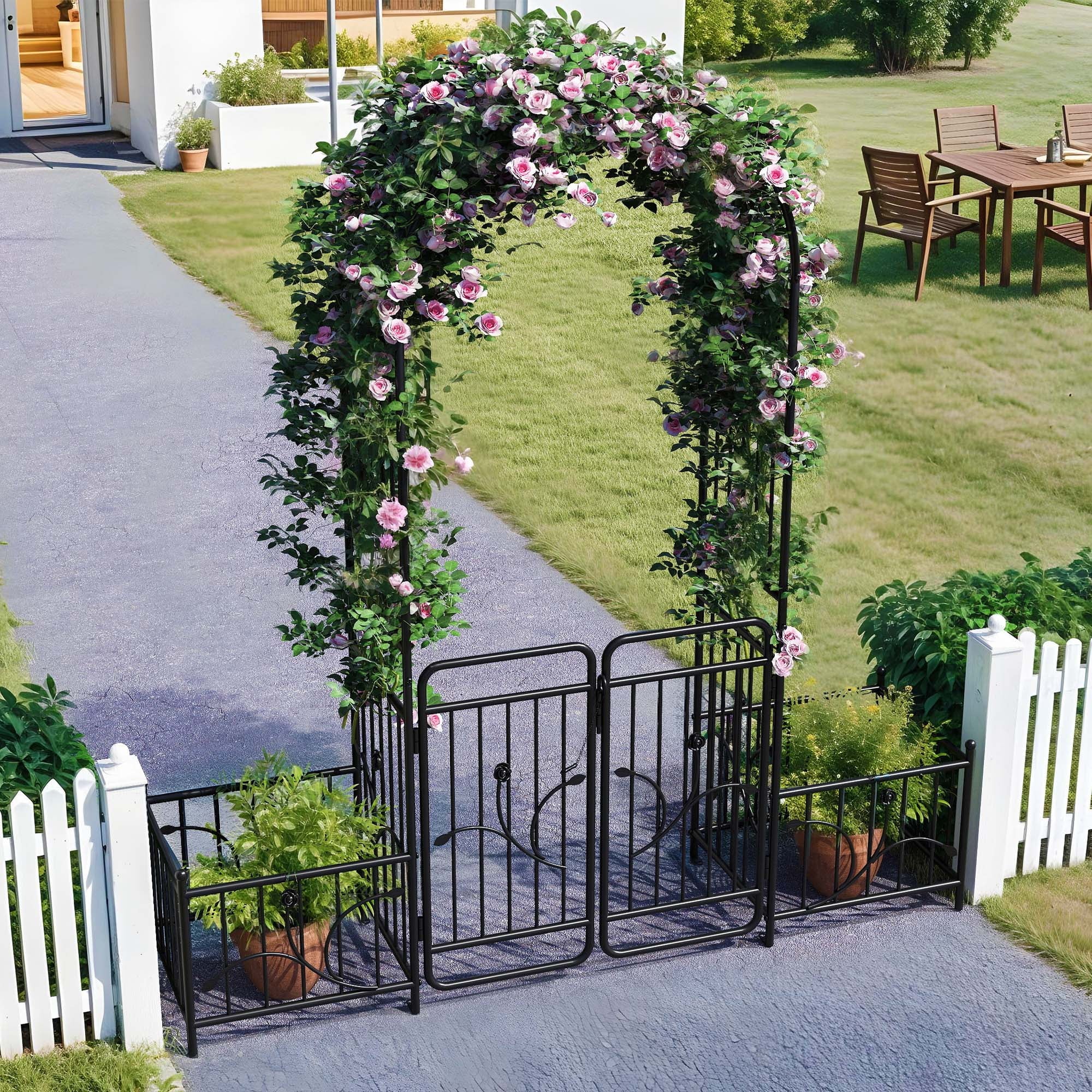 Uforic 87 Metal Garden Arbor Arch with Gate & Planter Boxes,  Patio Wedding Party Lawn Arches Decoration, Black