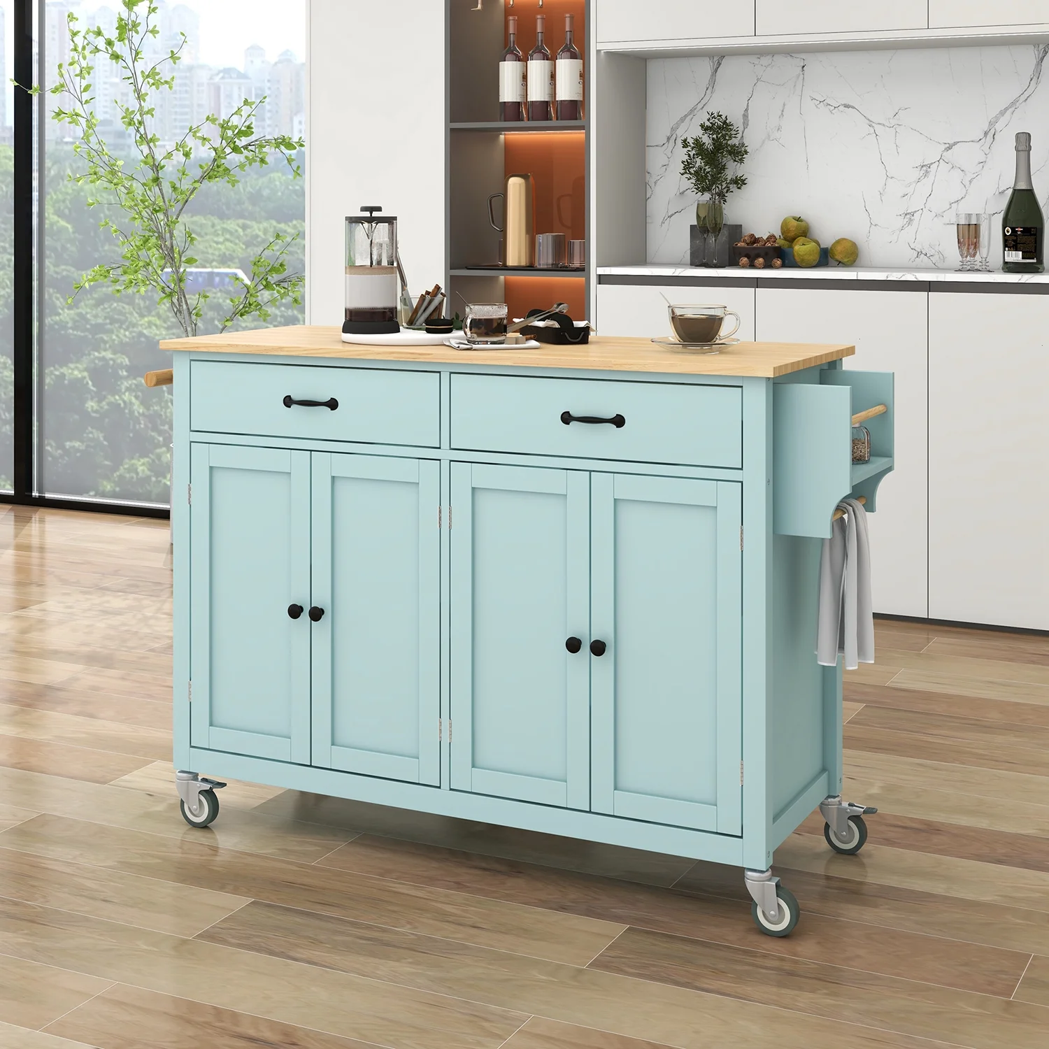 Kadyn Moveable Kitchen Island Cart, Rolling Bar Cart with 4 Door Cabinet and Two Drawers and 2 Locking Wheels, Kitchen Cart for Kitchen, Green