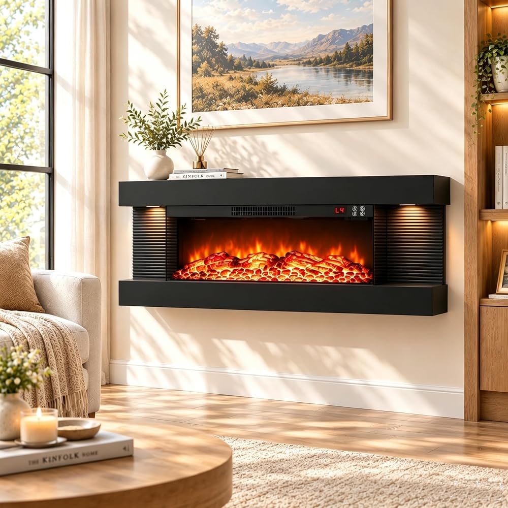 KOTEK 18” 3-Sided Wall Mounted Electric Fireplace with 32” Floating Mantel