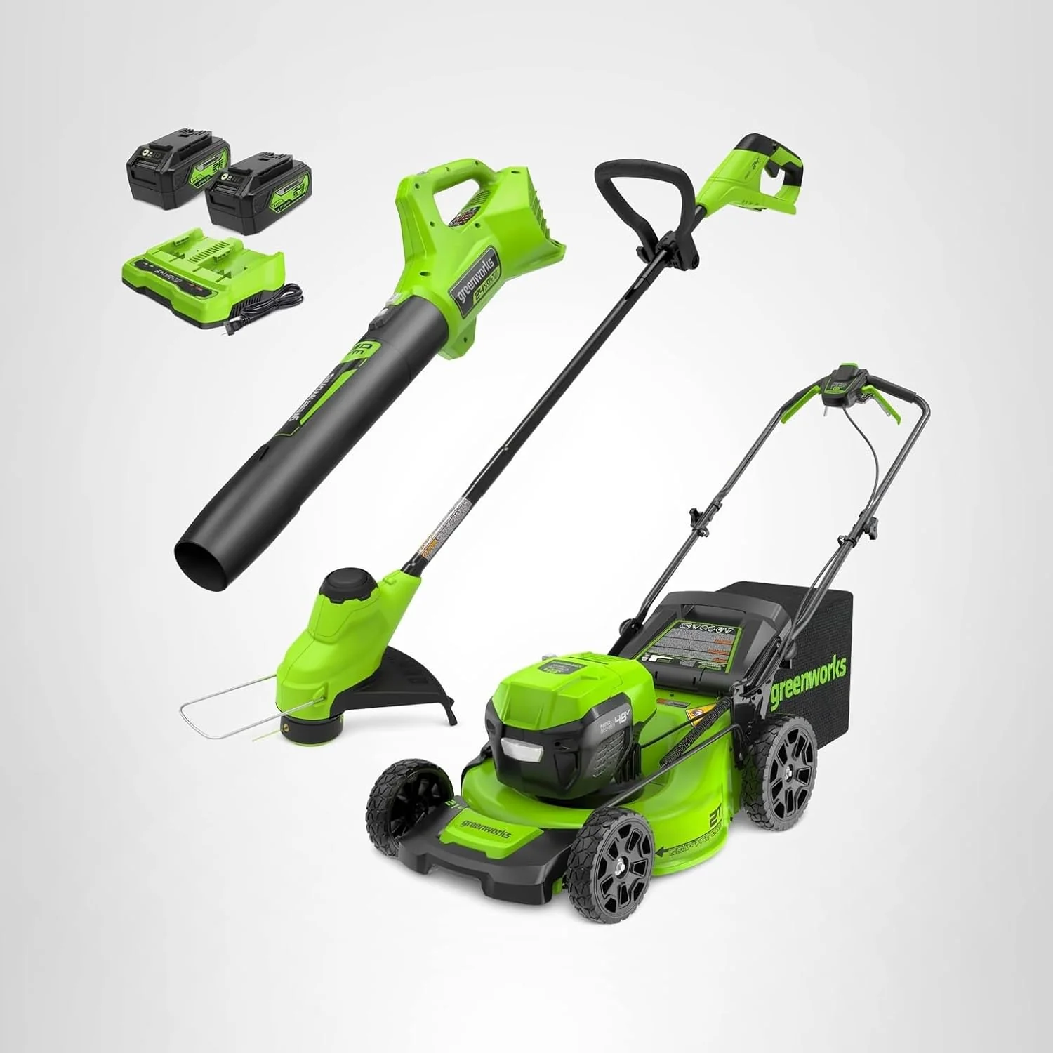 Tondeuse autotractée sans balais Greenworks 48 V (24 V x 2) 53 cm + coupe-bordures 30 cm + souffleur 320 CFM