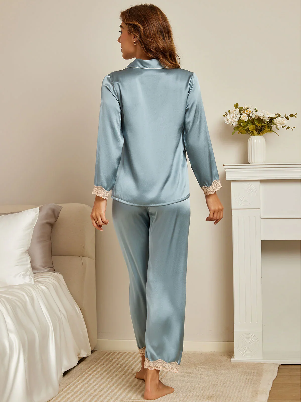 Pure Silk Casual Button Up Womens Pajamas 2Pcs