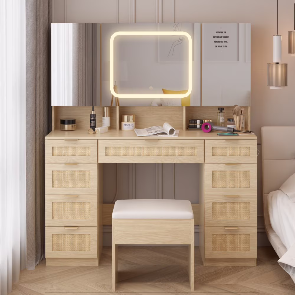 Vanity Desk Set with Large LED Lighted Mirror Power Outlet, Makeup Dressing Table with 9 Drawers and 3 Cabinets in Mirrored Doors, 47" Vanity Table with Cushioned Stool for Bedroom, Black(Black) - Image 7
