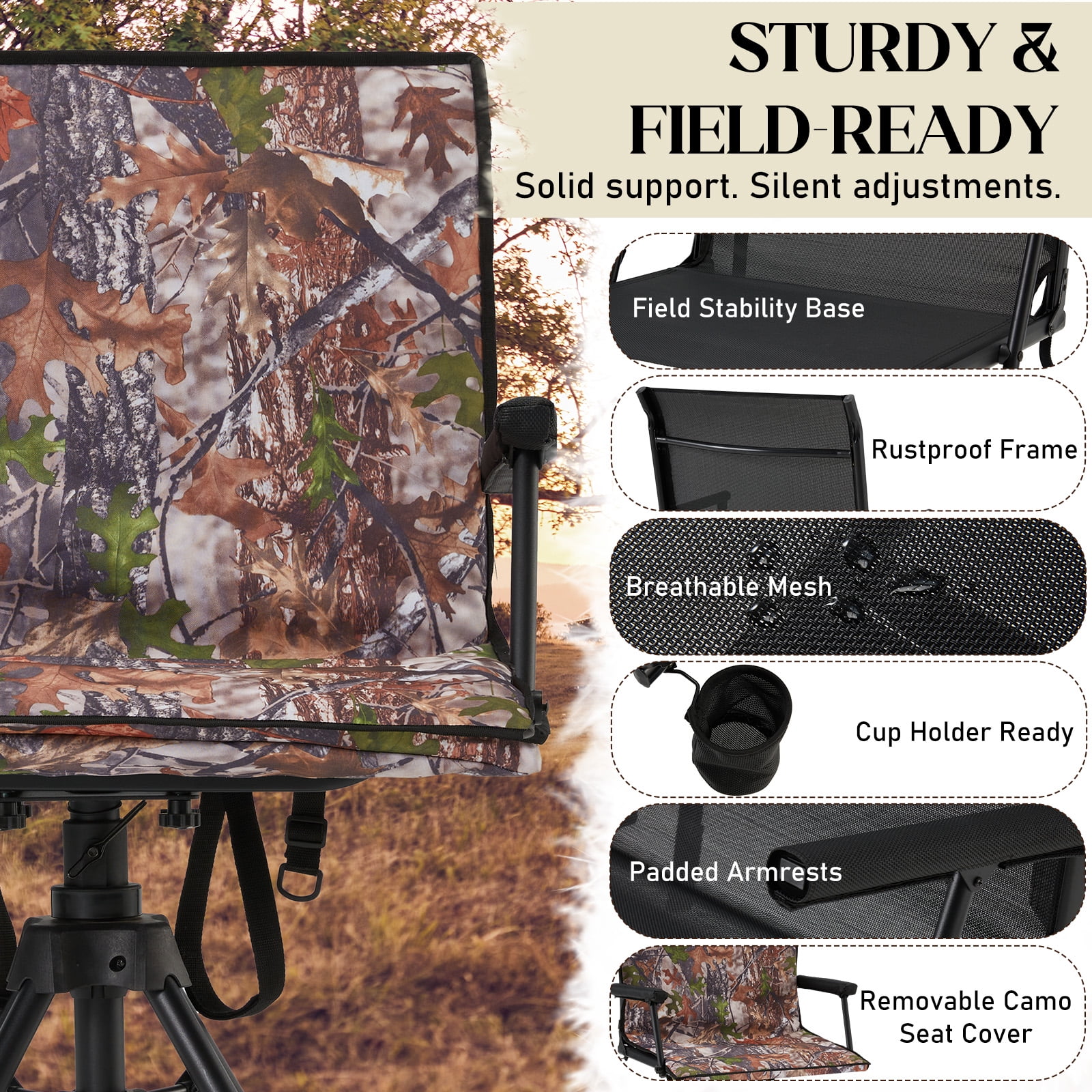 360�� Silent Camo Hunting Blind Chair, Armrests, Side Pouch, Telescopic Legs(Camouflage) Image 8