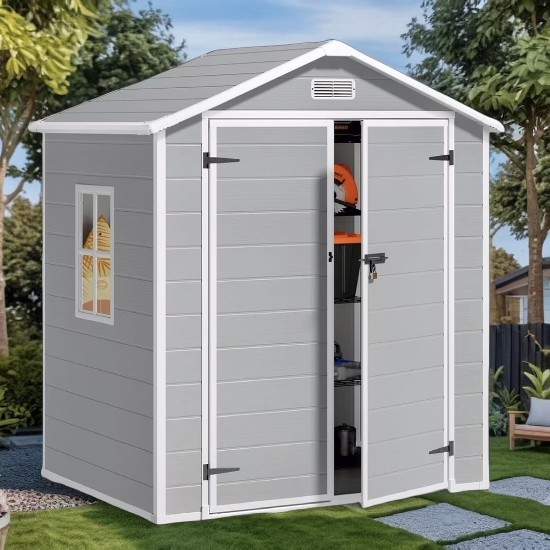 6x4 FT Resin Storage Shed, Plastic Outdoor Shed with Heavy Duty Floors, 135.6 cu ft, Colorfast, Side Window, Double Lockable Doors for Garden Backyard(6' x 4')