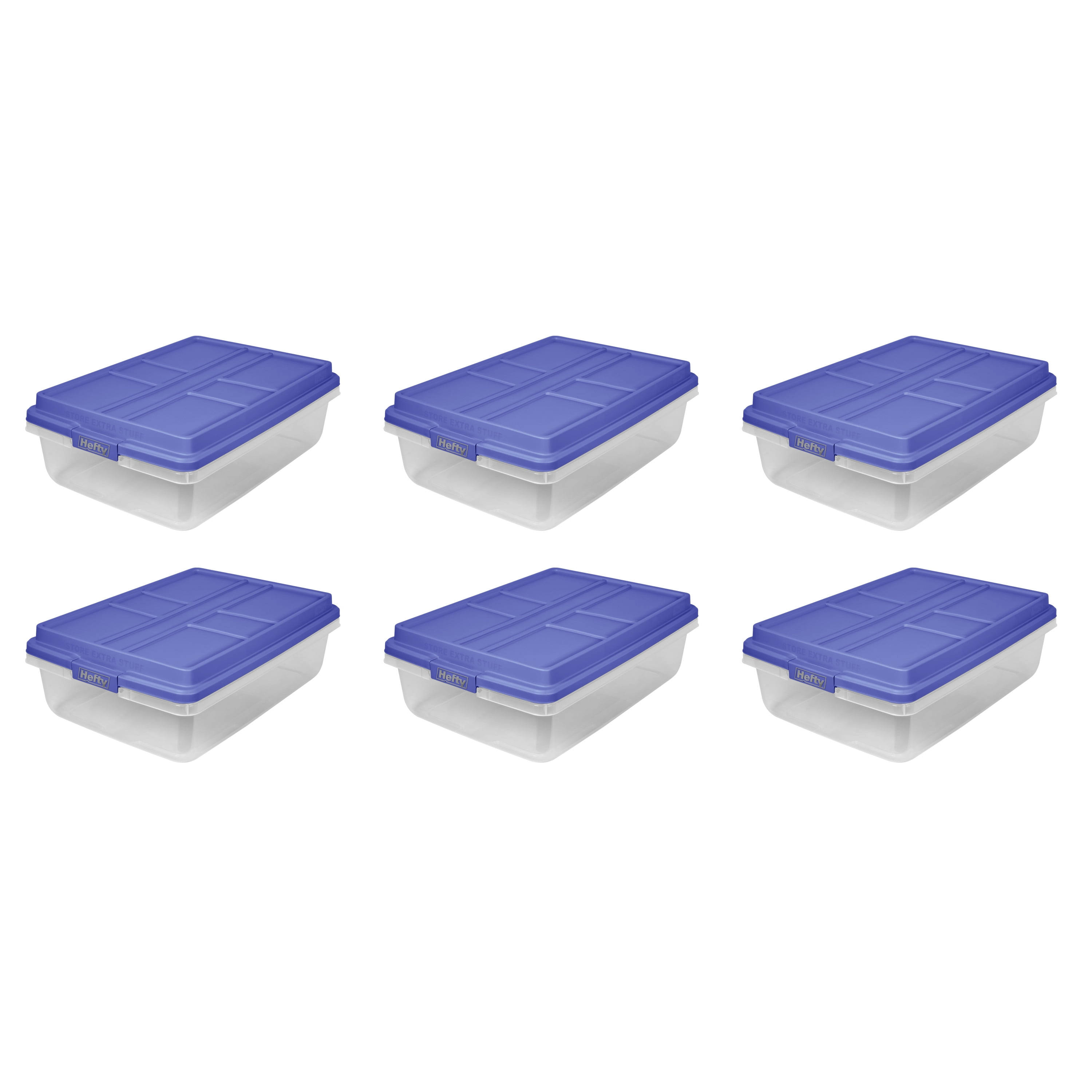 Hefty 40 Qt. Clear Plastic Storage Bin with Blue Hi-Rise Lid, 6 Pack