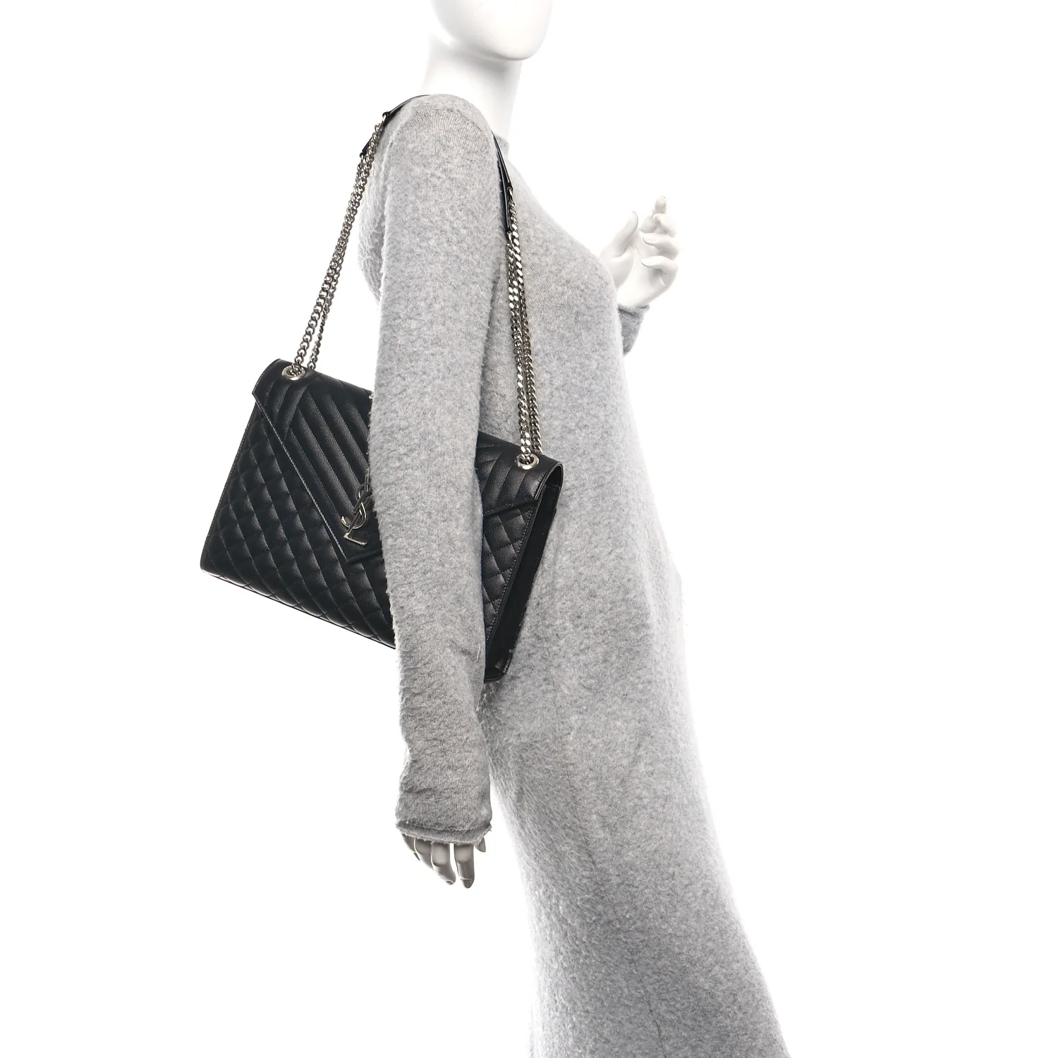 Grain De Poudre Textured Mixed Matelasse Large Triquilt Monogram Satchel Black