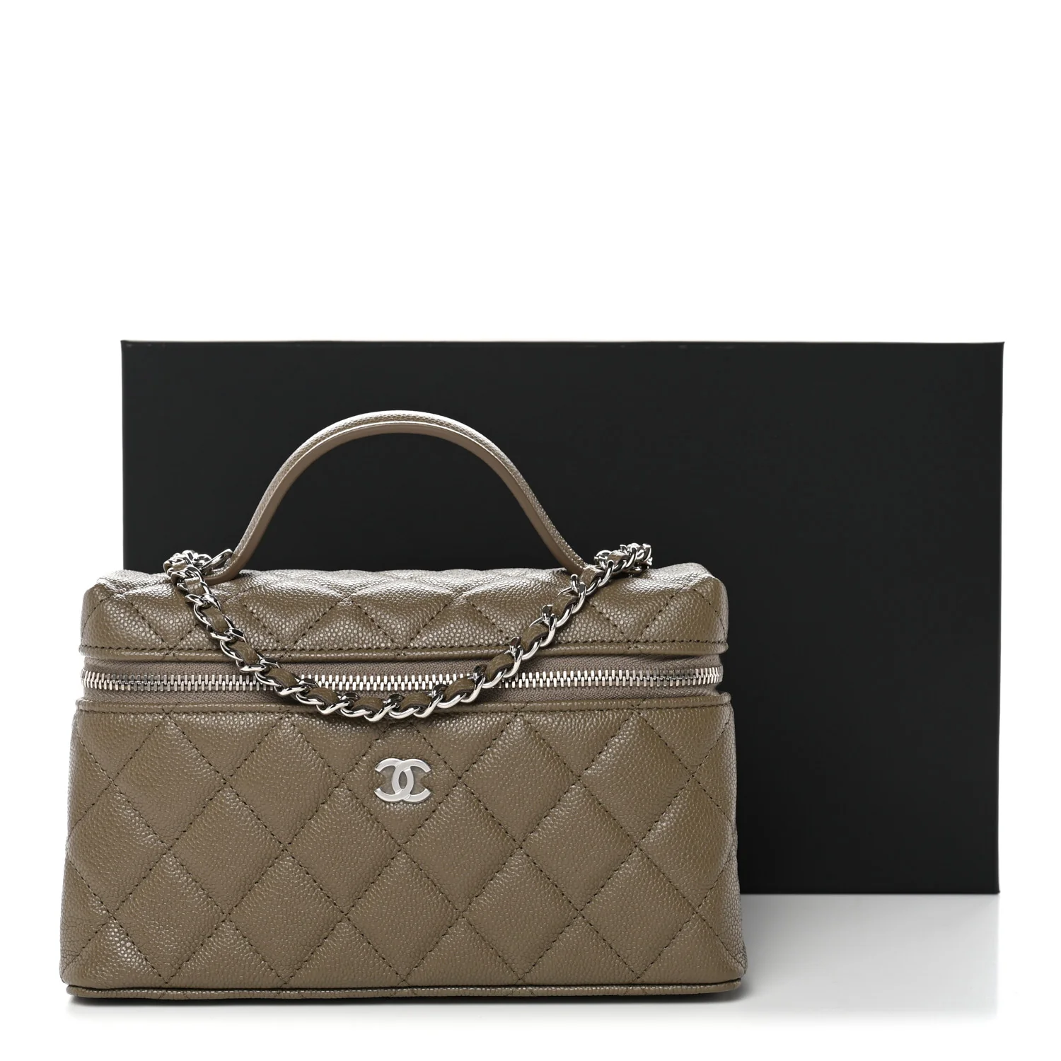 Caviar Quilted Top Handle Slim Vanity With Chain Dark Khaki