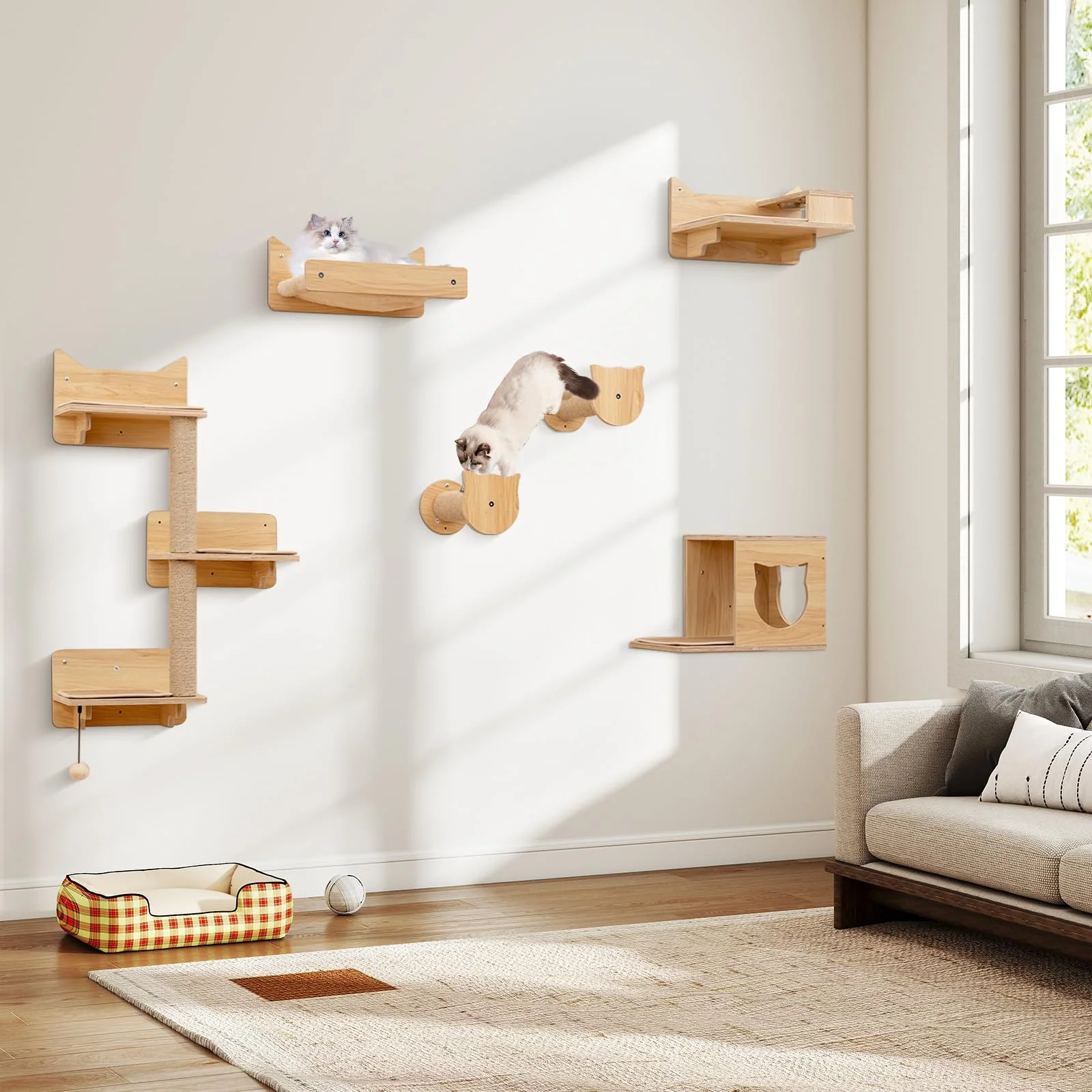 Tangkula 6 Pieces Cat Wall Furniture Set Kitten Wall Mounted Shelves