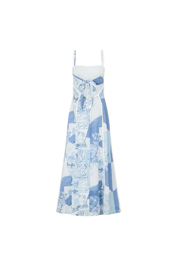 Sophie Paris | Robe Maxi à Nouer au Dos avec Galon Ric Rac et Imprimé Unique