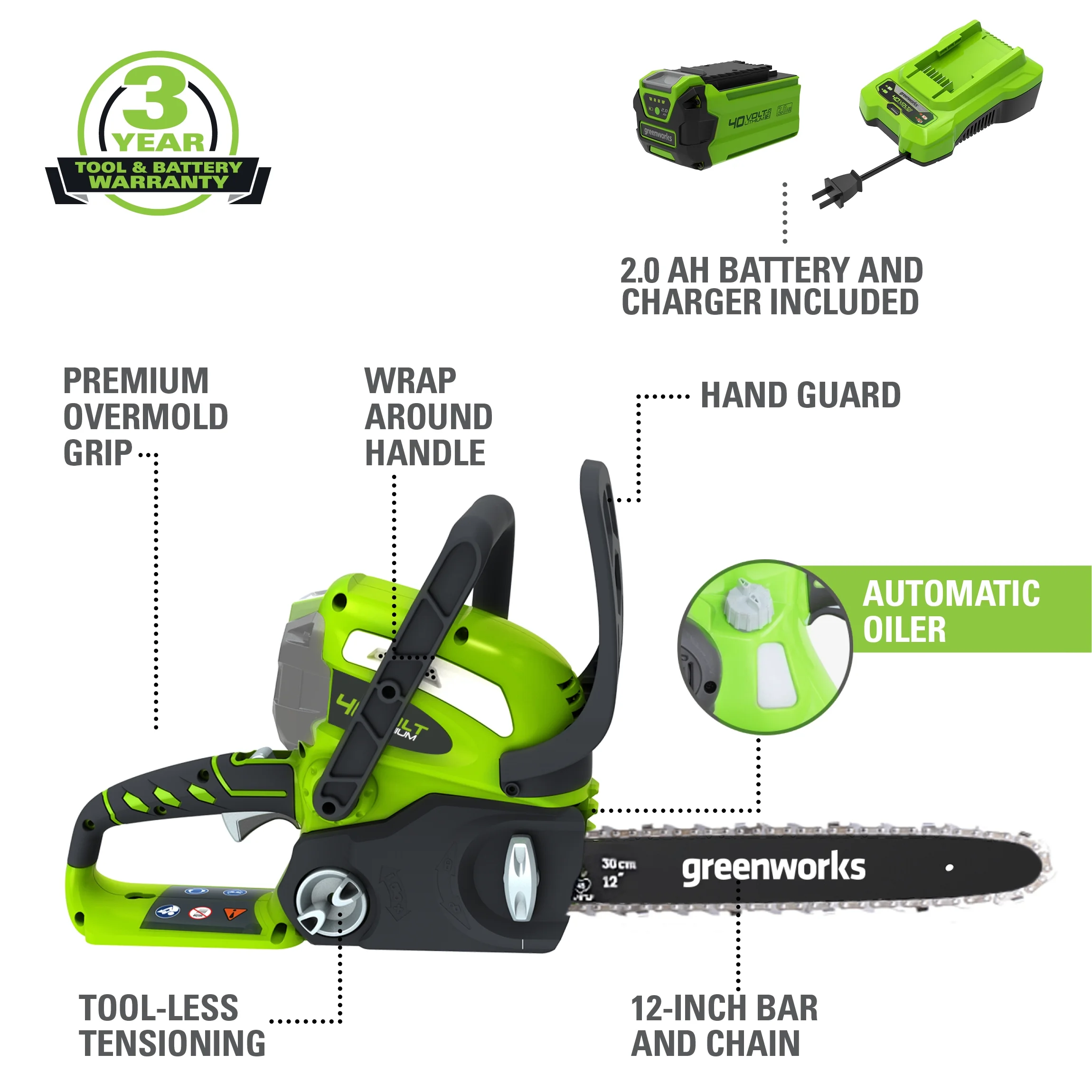 12" 40 V Battery Powered Chainsaw - Image 2