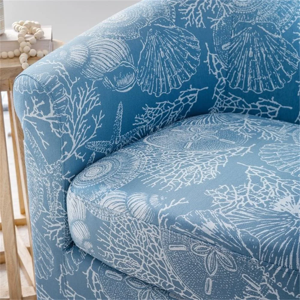 Rhea Fully Upholstered Coastal Swivel Club Chair in Blue Seashell Pattern(Denim Coastal Blue) - Image 8