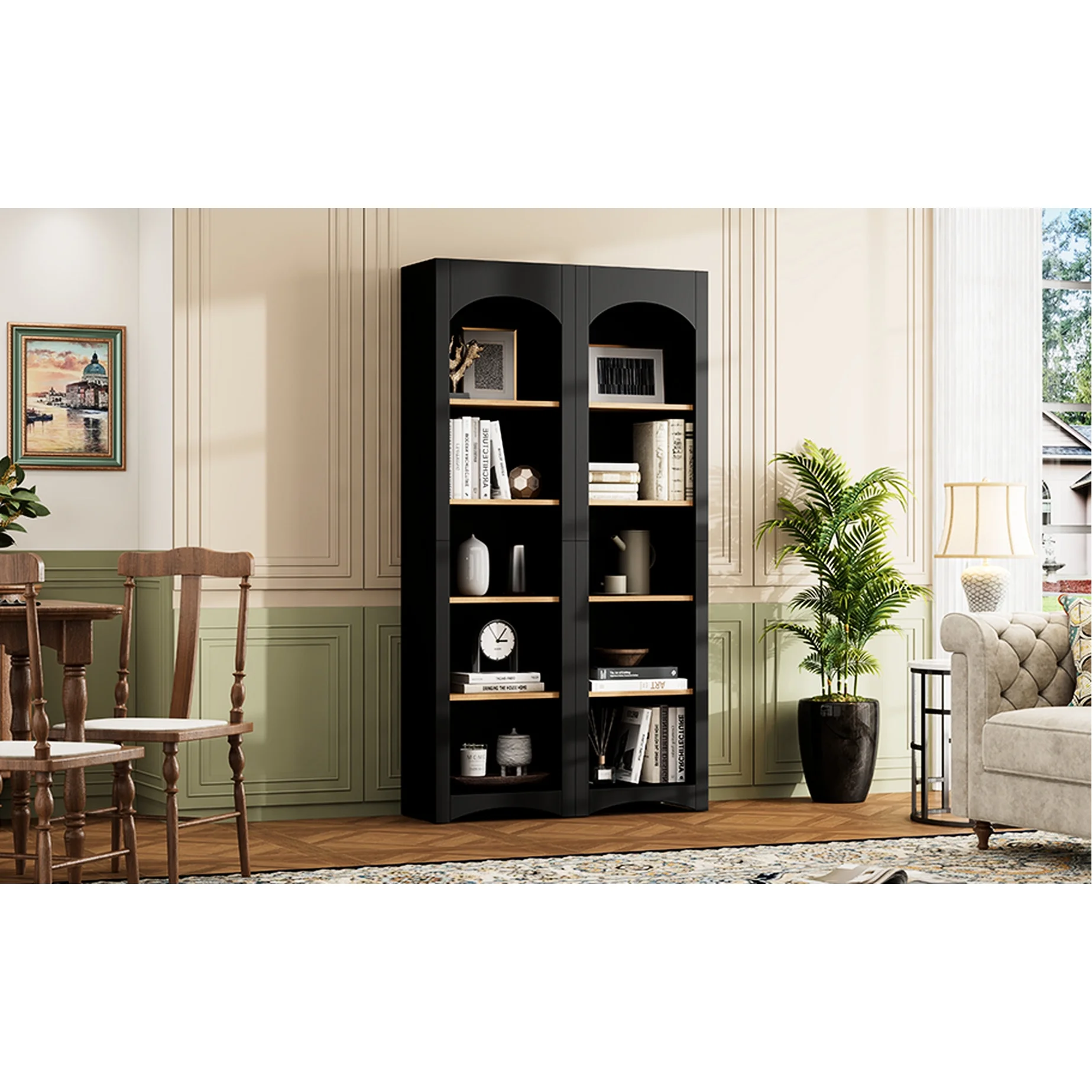 72"h Pantry Pair, 2 , Adjustable Shelves, , Black Finish 2 Bookcase , Cabinet With Vintage Style(Black) - Image 6