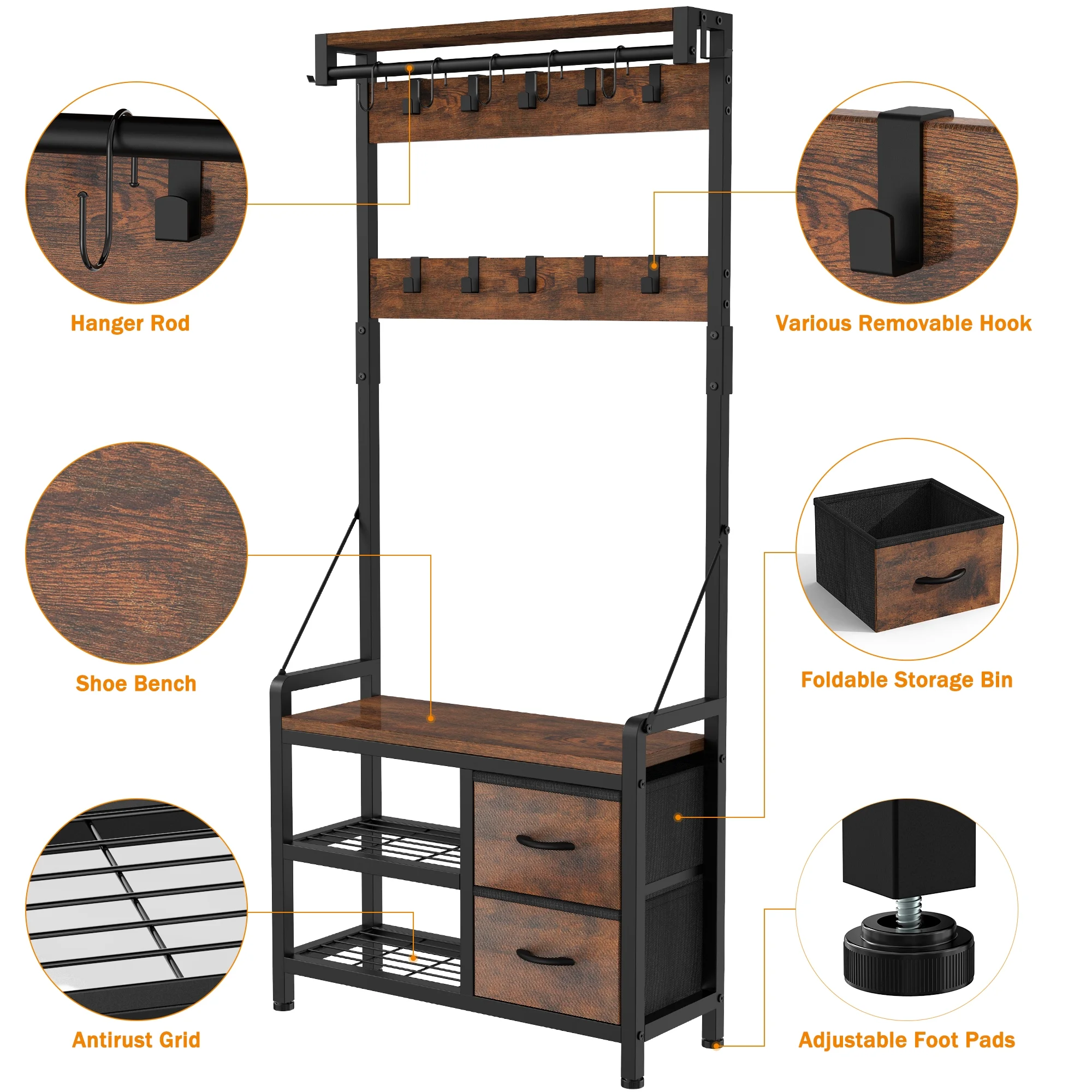 GIKPAL 5 in 1 Hall Tree, Entryway Bench with Coat Hooks Industrial Entryway Bench with 17 Hooks 2 Drawers and Top Shelf, for Hallway or Living Room, Rustic Brown(2 Drawers/Brown)