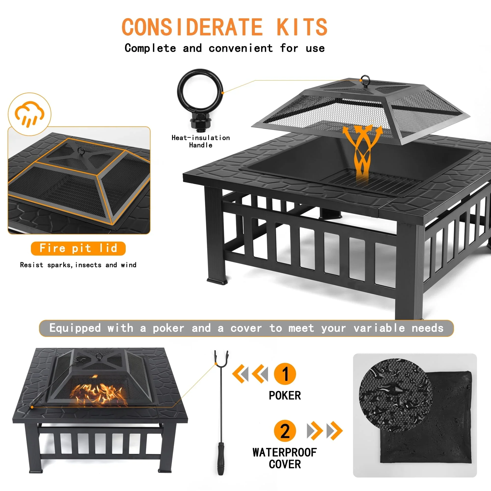 Wood Burning Fire Pits for Outside, 32 Square Iron Fire Pit Backyard Patio Garden Stove Wood Burning Fire Pit w/ BBQ Net, Waterprrof Cover, Mesh Screen Lid, Wood Grate, Poker, Durable Fire Pit