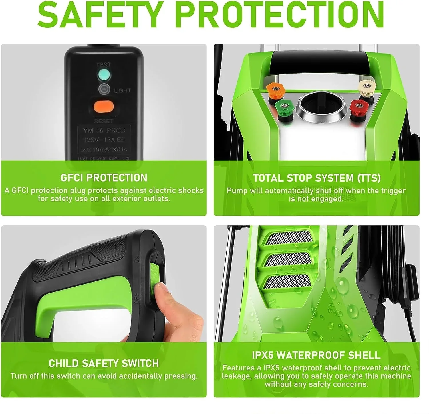 2.7GPM Electric Pressure Washer Power Washer 1800W High Pressure Washer Cleaner Machine with 4 Changeable Nozzle & Hose Reel, Best for Cleaning Patio, Garden,Yard (Green)