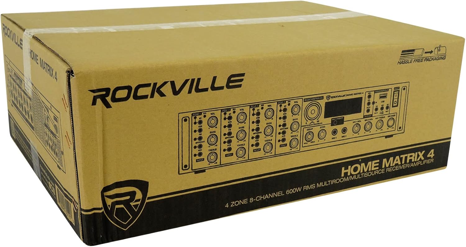 Rockville Home Matrix 4 600W Multi Room Receiver/Amplifier  8-Channel (4 Zones)  Bluetooth  USB  Optical  Coaxial  RCA  Mic Inputs