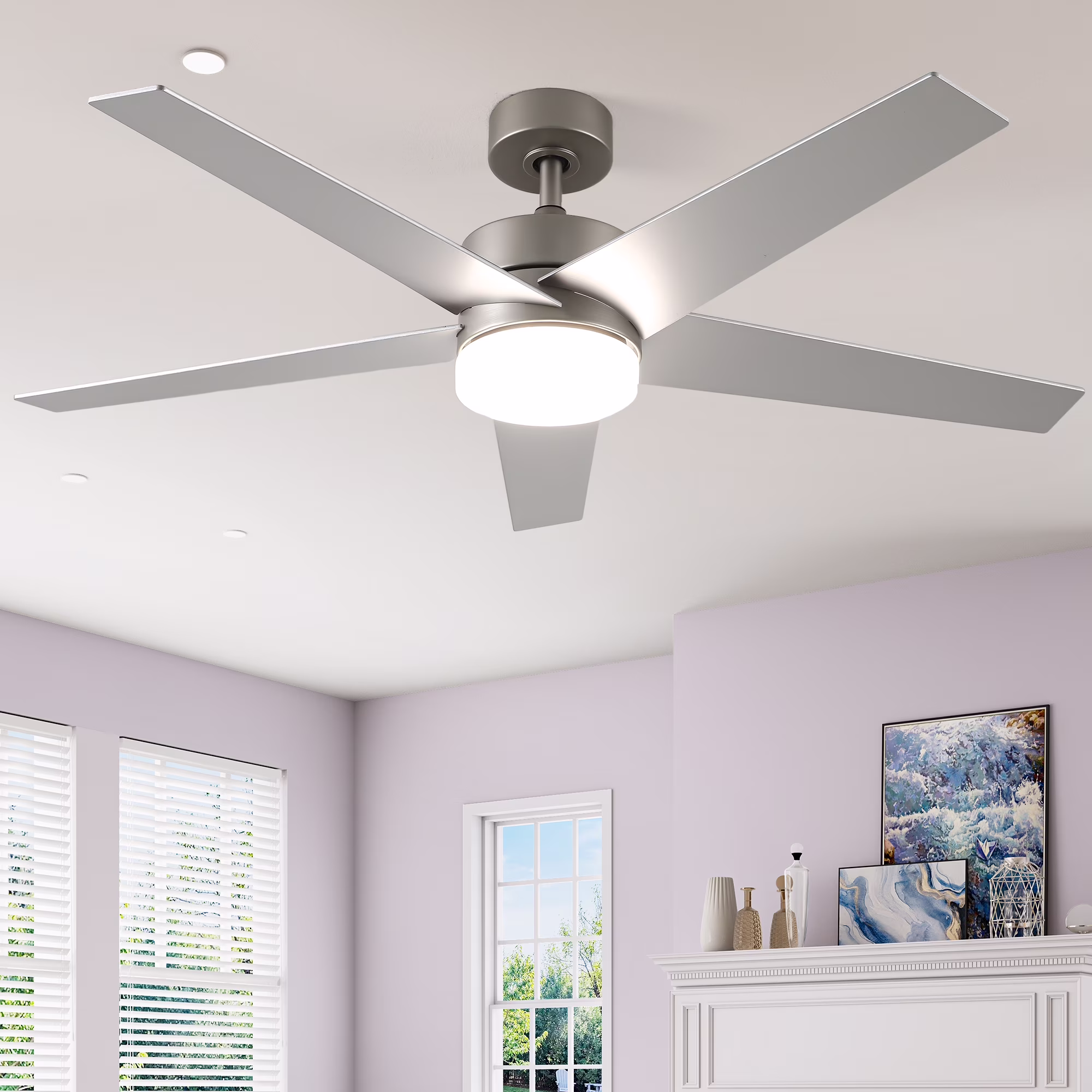 52" Modern Ceiling Fan with Lights and Remote Control, 5-Blade Ceiling Fan with Dimmable Tri-Color Light, Quiet and Reversible 6-Speed DC Motor, Perfect for Bedroom, Living Room Silver