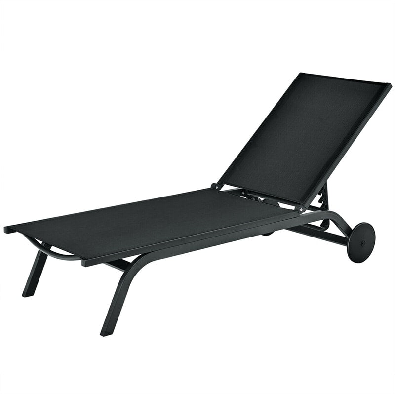 Chaise longue de patio réglable à 6 positions avec roulettes, idéale pour la plage ou les espaces extérieurs.
