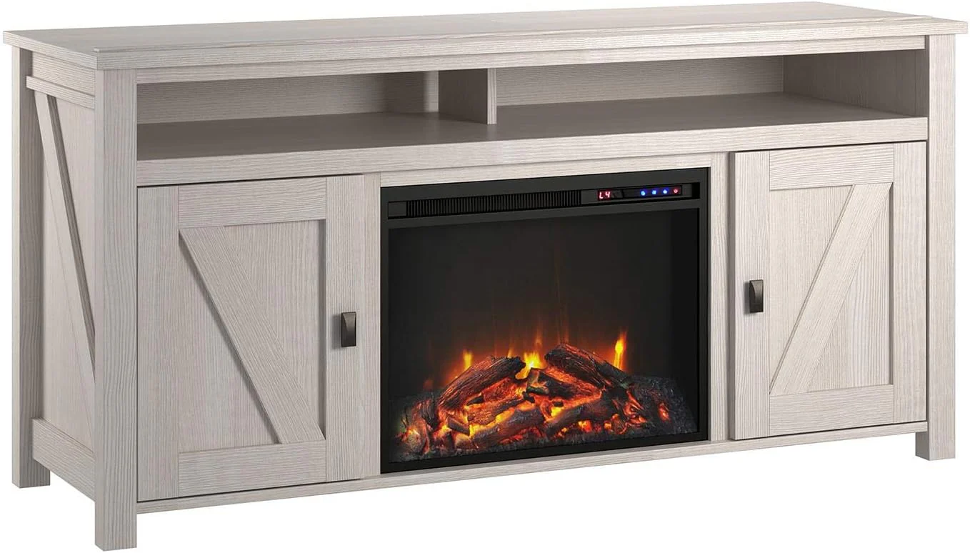 Dejia Home Farmington Electric Fireplace TV Stand, suitable for TVs with a screen size of no more than 60 inches, made of ivory oak color.