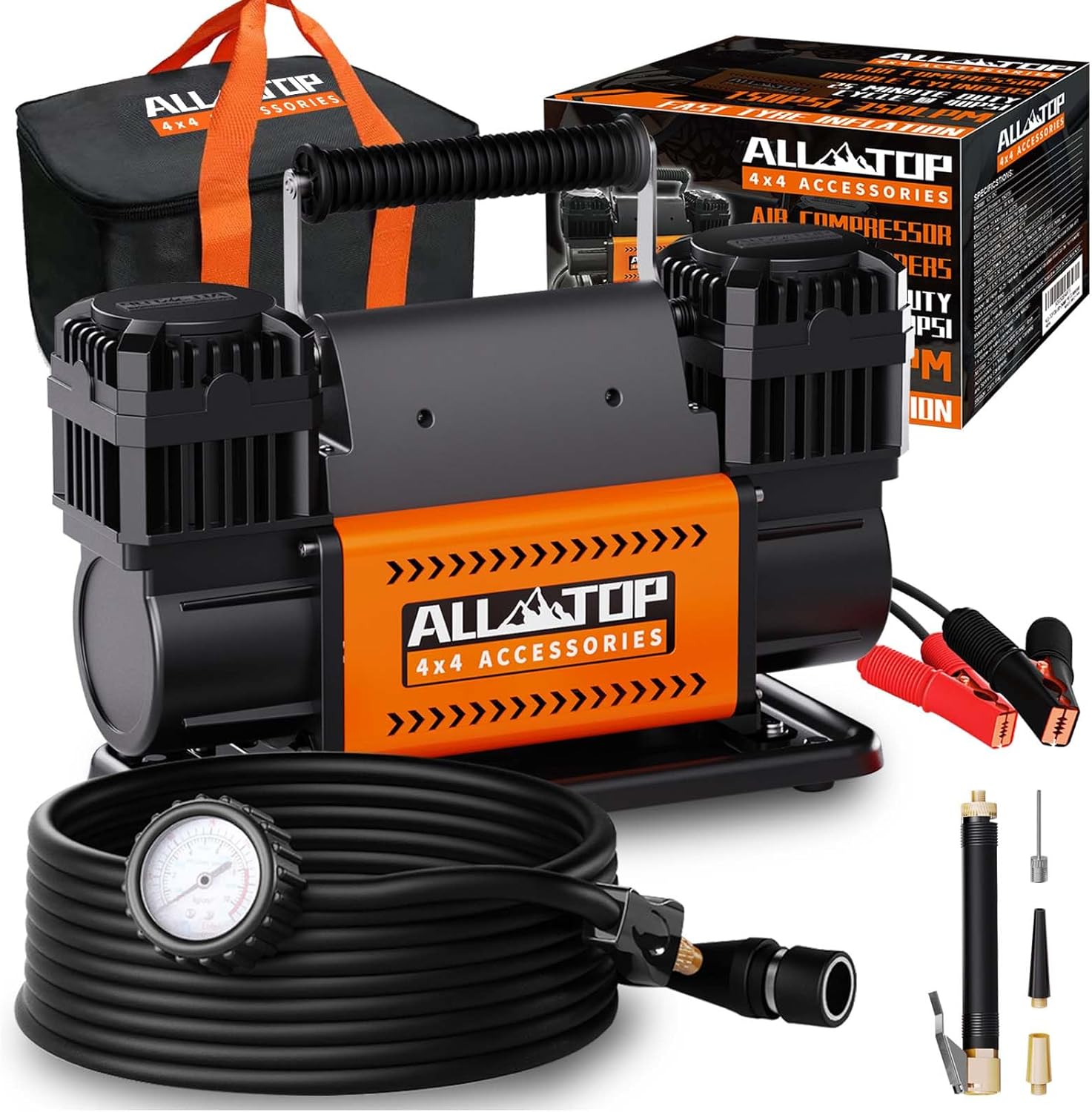 Kit de compresseur d'air, double cylindre, gonfleur portable 12 volts, 12,35 pieds cubes par minute, convient aux pneus de camion pour une utilisation hors route, robuste Max 150 livres par pouce carré, convient aux véhicules à quatre roues motrices