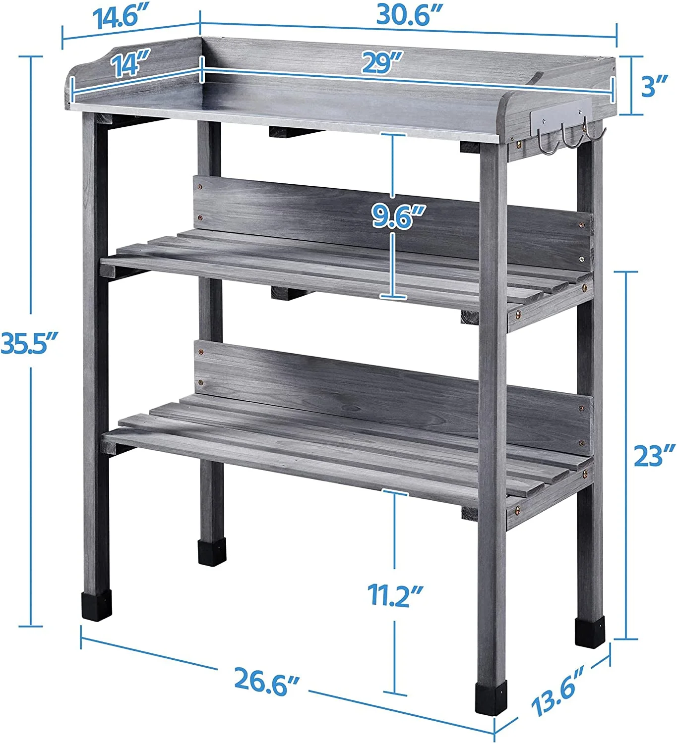 Garden Potting Table Horticulture Potting Bench w/Storage Shelf W/Metal Tabletop w/Hook 3 Shelves Workstation Work Benches Station, Gray - Image 3