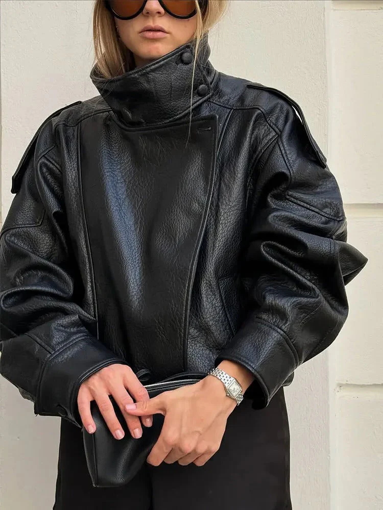 Veste en cuir asymétrique à col montant pour femmes