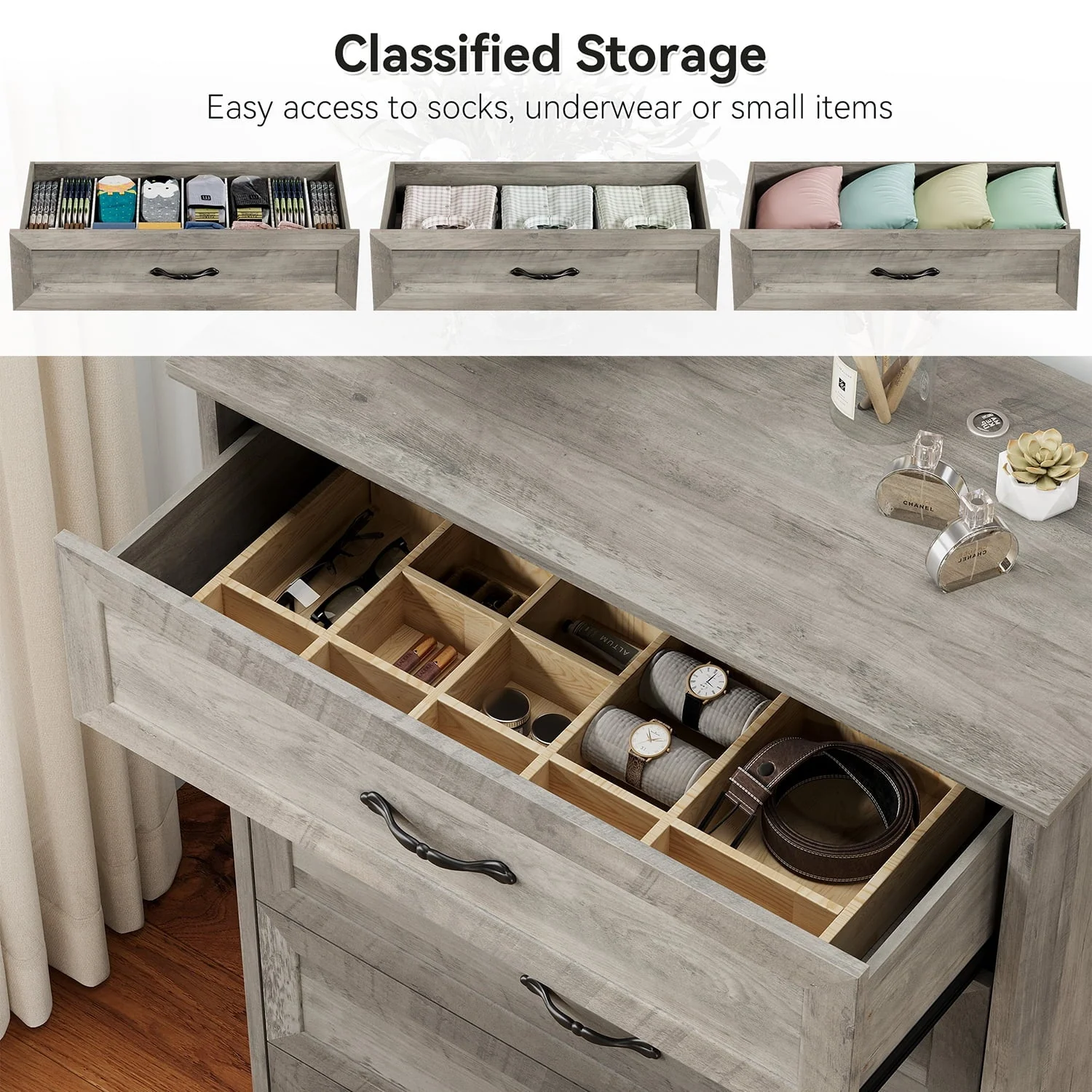 Dresser for Bedroom with 5 Drawers, Tall Wood Drawer Dresser Chest of Drawers for Closet, Living Room, Hallway, Nursery, Kids Bedroom, Grey(5 Drawers chest) - Image 8