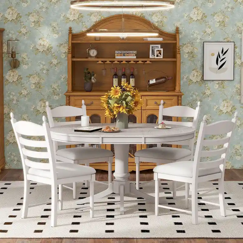 5-Piece Retro Wood Dining Set: Round Extendable Table with 4 Upholstered Chairs