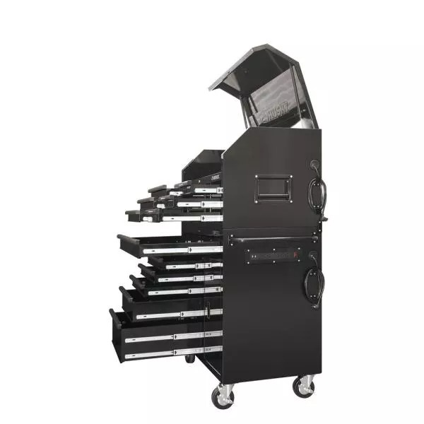 Ensemble coffre à outils et armoire à roulettes de 104 cm de large et 12 tiroirs de profondeur, finition noir brillant, avec table d'appoint