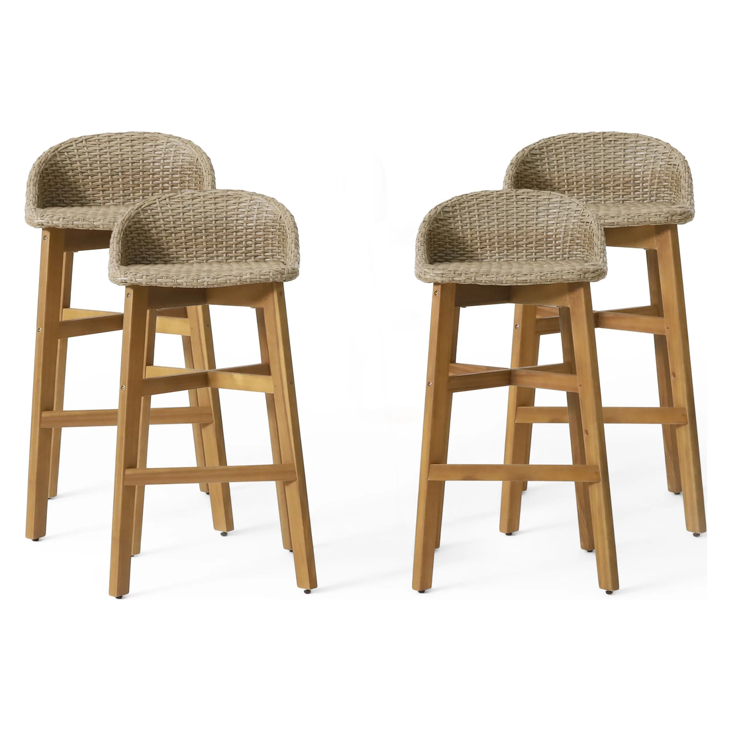 Borah Wicker and Acacia Wood Outdoor Barstools, Set of 4, Light Multibrown and Teak