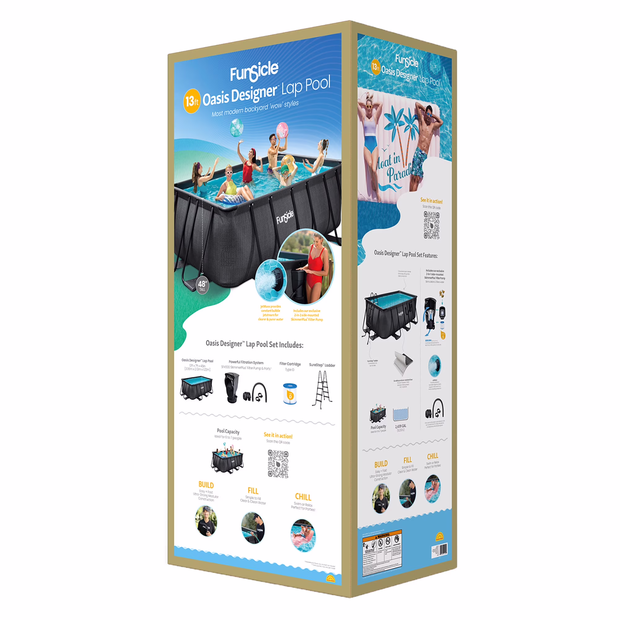 Funsicle: Oasis Designer Lap Pool - 13ft Above Ground Pool Set, Durable 3 - Ply, Powerful Filtration System, Surestep Ladder, 13'X7'X48