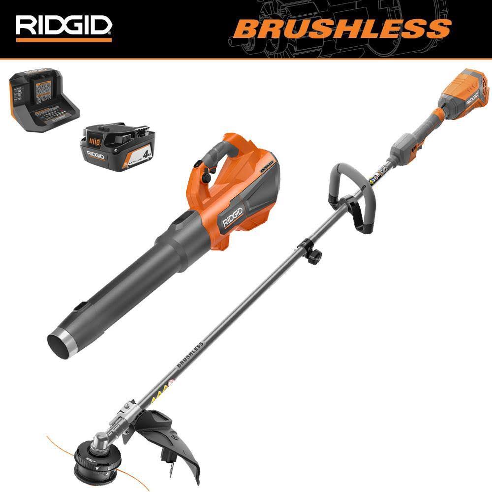 Ridgid R019001 18V Brushless 14 in. Cordless Battery String Trimmer and Leaf Blower 2-Tool Combo Kit with 4.0 Ah Battery and Charger