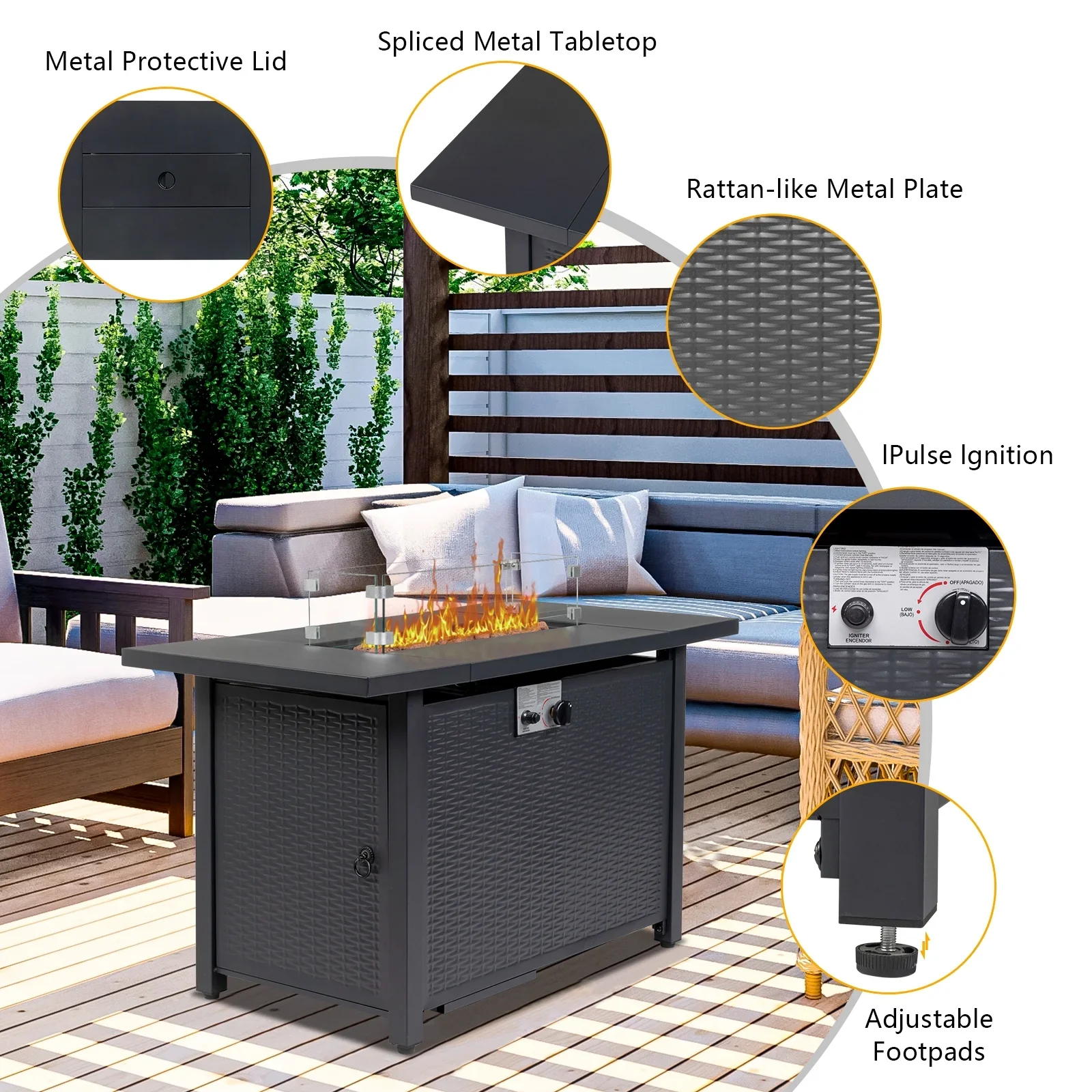 EasingRoom 43 Fire Pit Table Gas 50,000 BTU Auto-Ignition Fire Tables with Lid, Rain Cover for Outside Garden Backyard Deck Patio Black