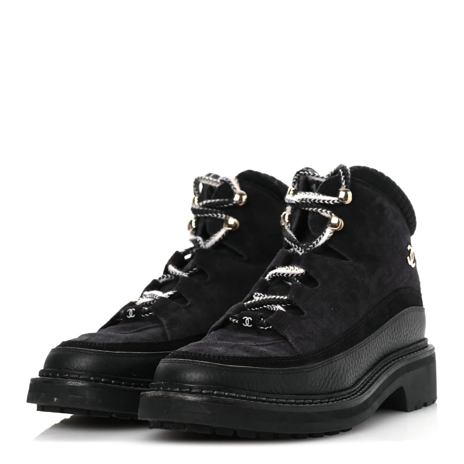Suede Grained Calfskin CC Lace Up Boots 38 Black