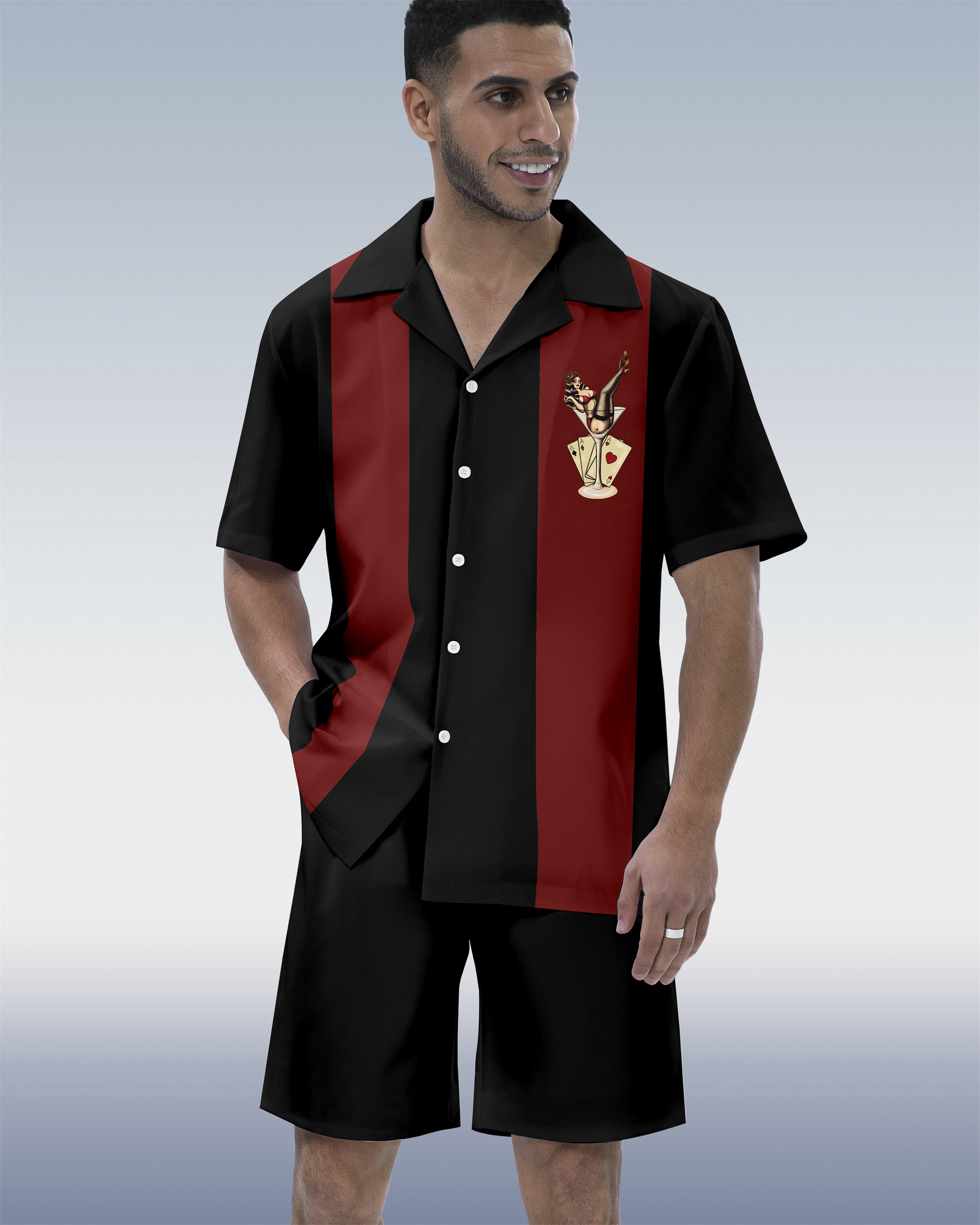 Ensemble chemise homme à manches courtes, col cubain, imprimé tiki hawaïen 02