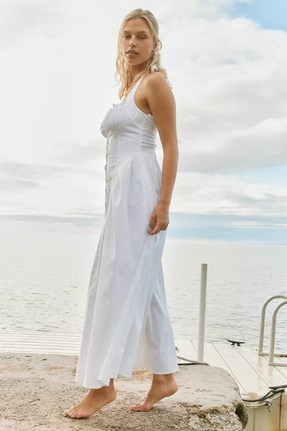 Kimchi Blue Tea Time Basque Waist Halter Midi Dress-White