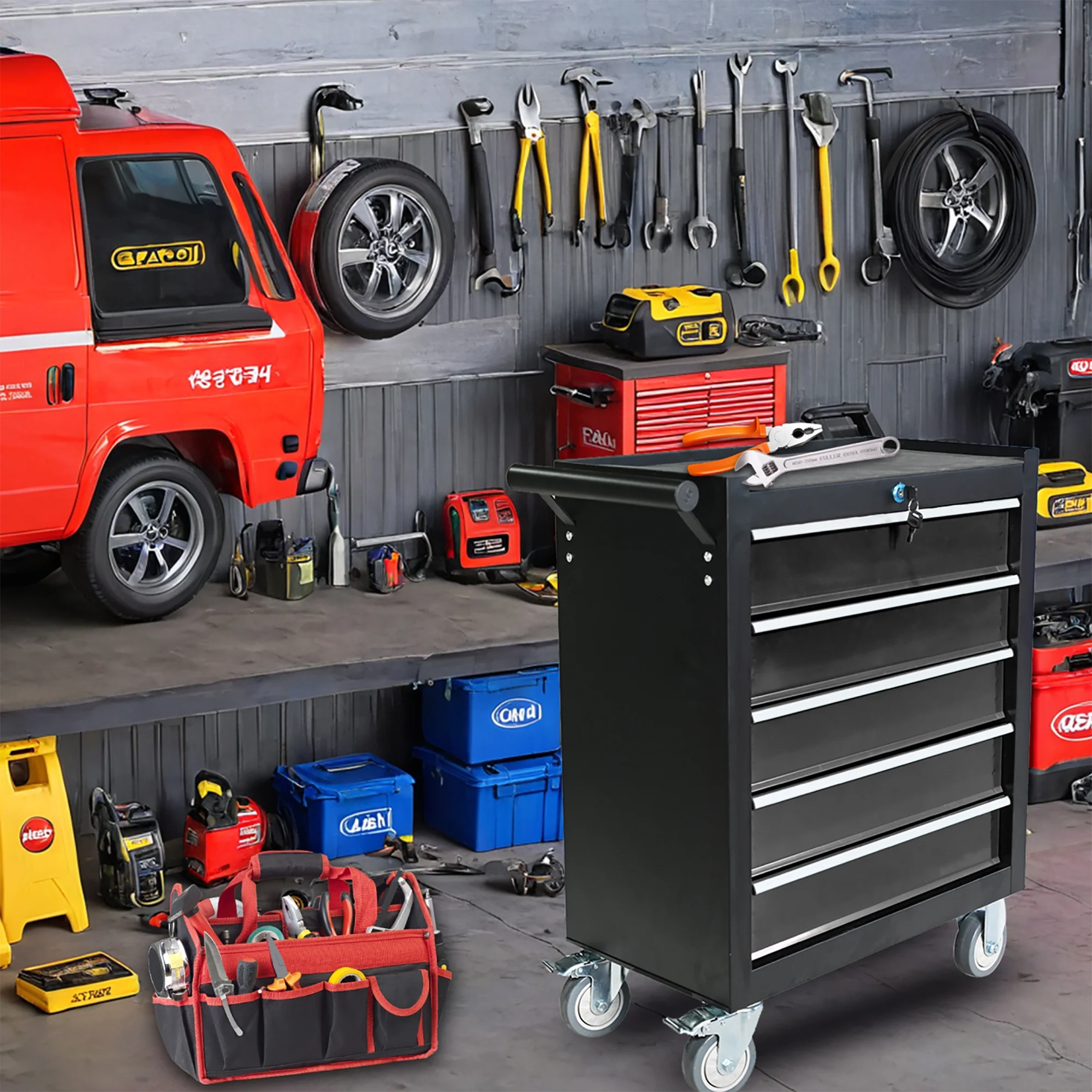 5 - Drawer Metal Rolling Tool Cabinet, Storage Toolbox with Brake Wheels, Tool Chest with Lock, Suitable for Warehouses, Garages, Repair Shops