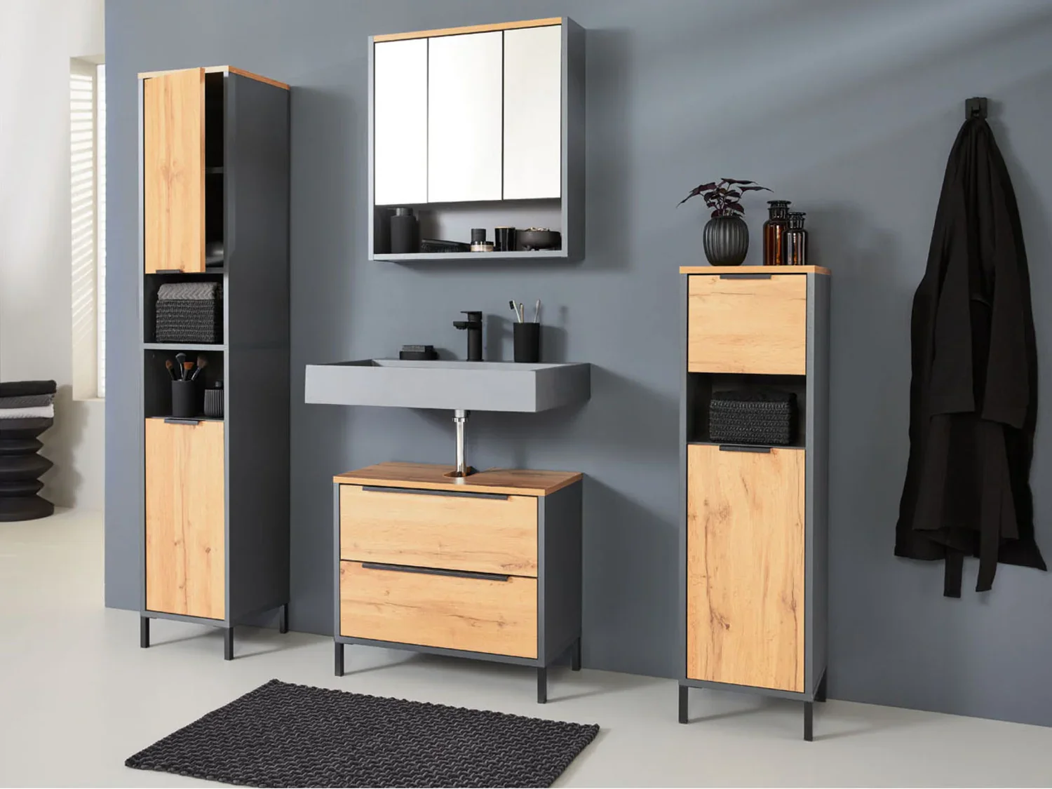 LIVARNO home Armoire latrale de salle de bain San Diego, 34 x 119 x 33 cm, imitation chne/anthracite