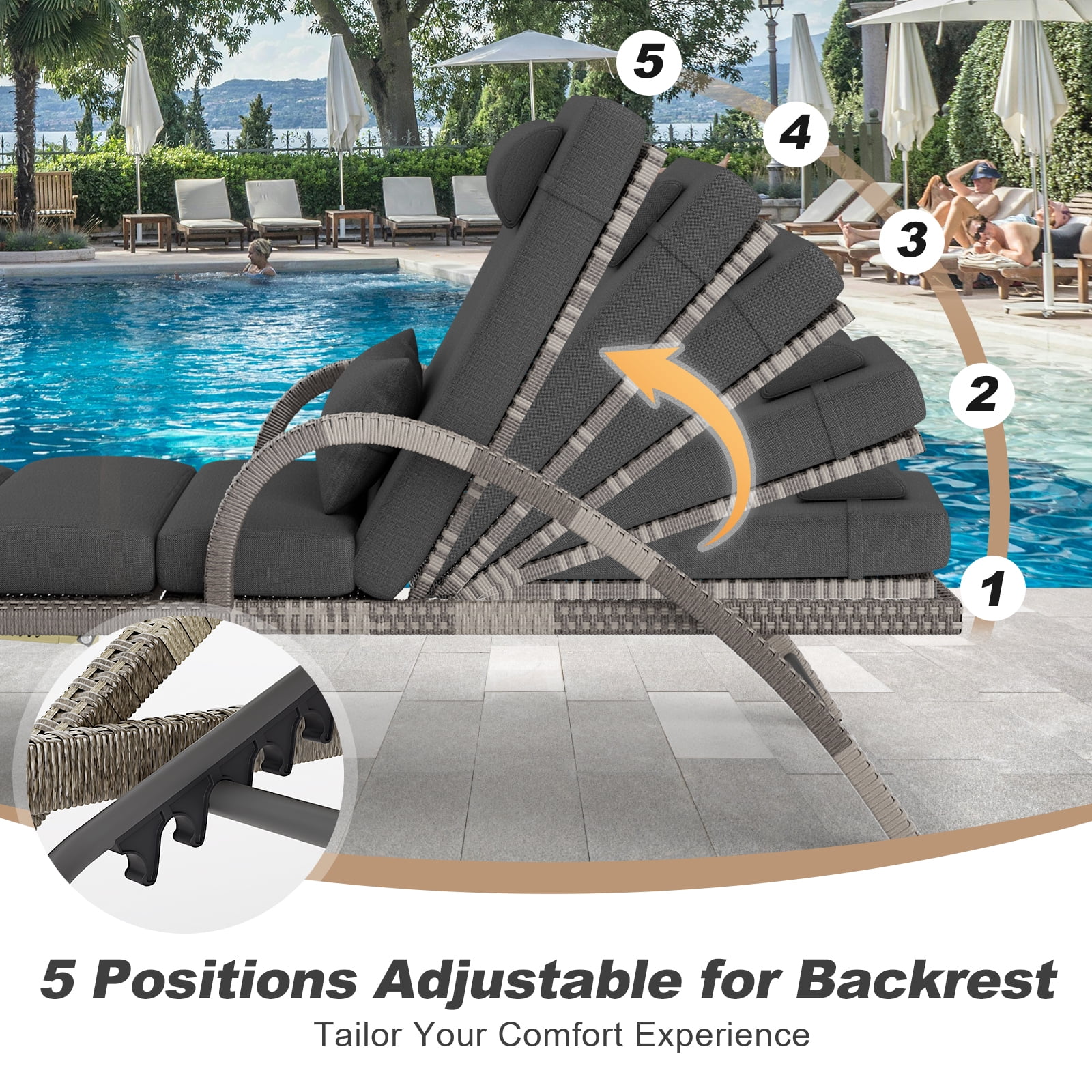 4-Piece Outdoor Lounge Chairs, Pool Chairs with Adjustable 5 Position Backrest, PE Rattan Chaise for Backyard Porch Deck (Gray)(4/Gray) - Image 5