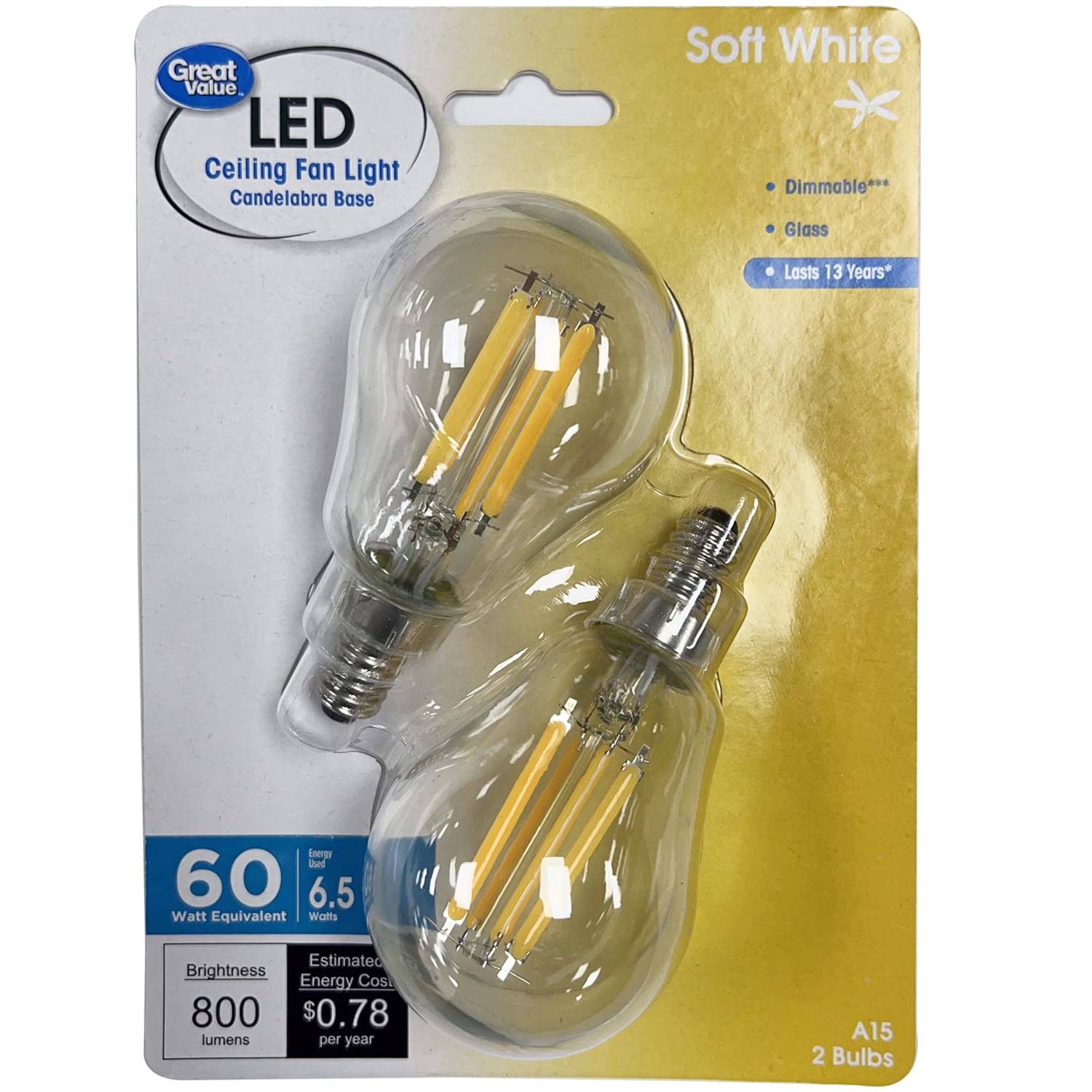 Great Value Multi-Use LED Light Bulbs, 60W, Soft White, 2 Count