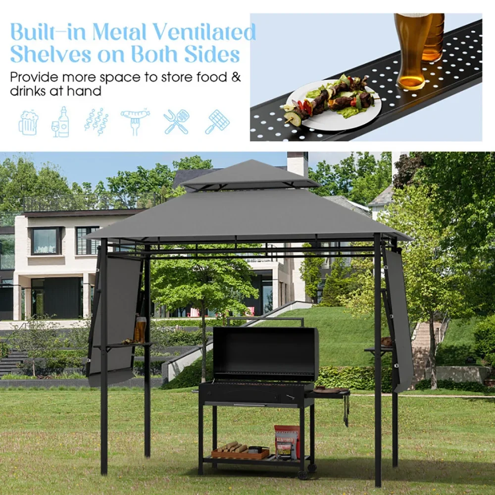 GVN 13.5 x 4 Feet Patio BBQ Grill Canopy Canopy with Dual Side Awnings-Gray, Outdoor Patio Canopy with Hardtop Roof for Garden, Backyard and Deck